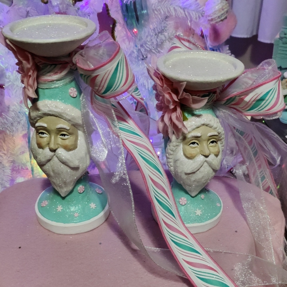 Festive Santa Candle Holders with Pink and Green Accents
